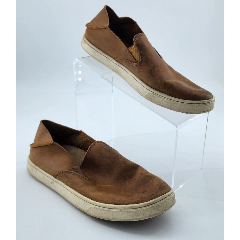 OluKai Pehuea Leather Slip On Shoes Floc Fox Brown Slides 2 Way Loafers Size W8